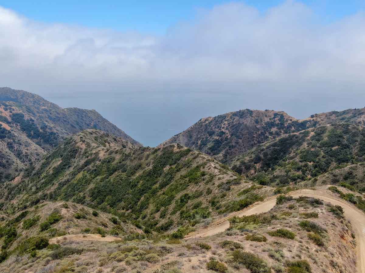Aerial view of hiking trails on the top of Santa Catalina Island mountains.
