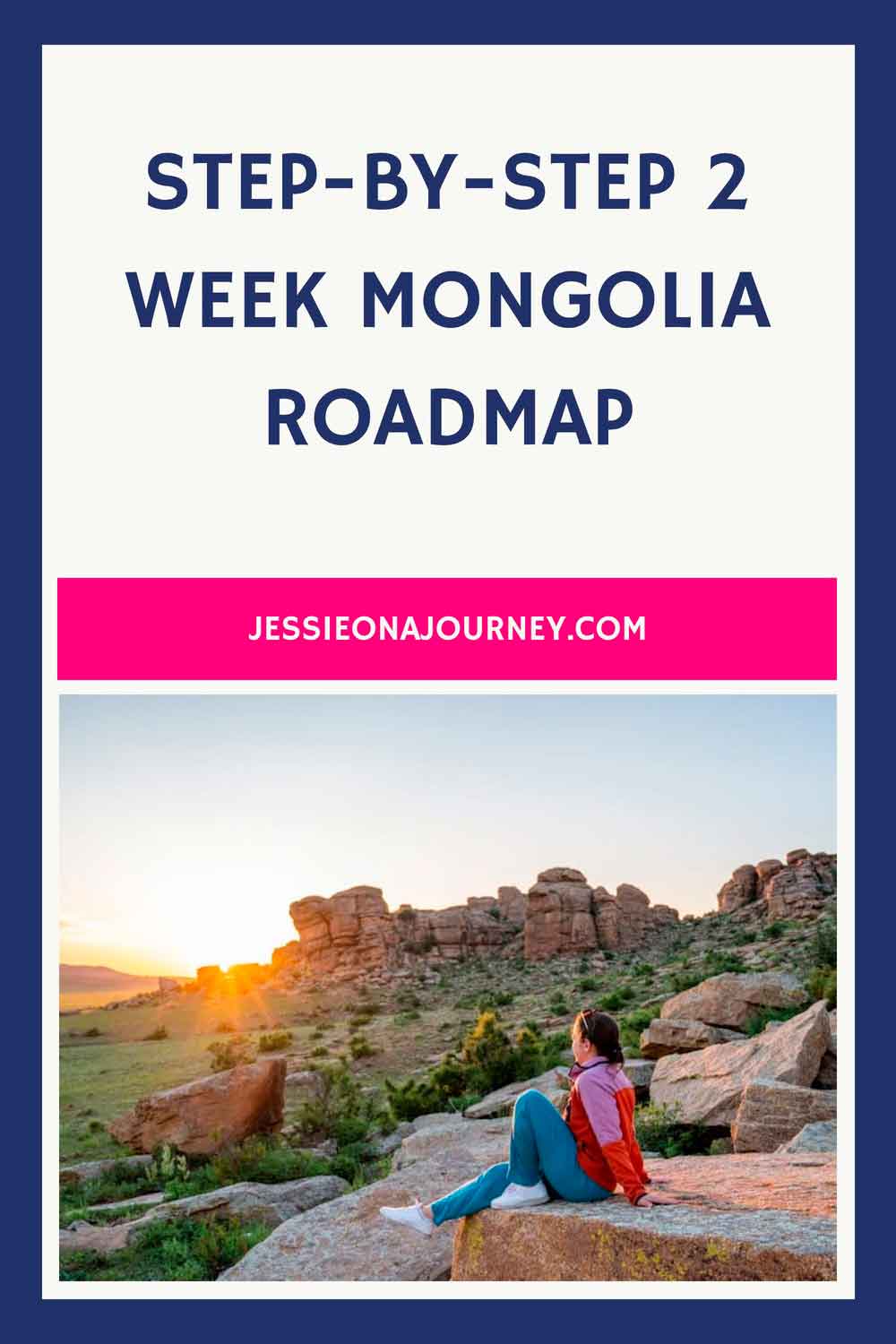 Pinterest pin that shows a woman enjoying the mountain views of Mongolia at sunset.