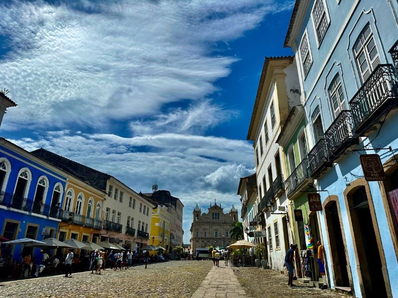 colorful buildings along a cobblestone street in Pelourinho, Salvador