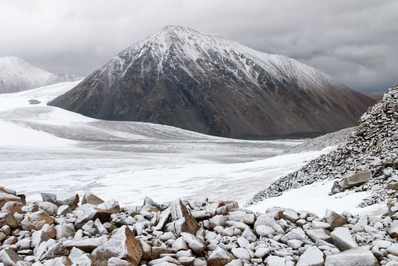 Potanin glacier and Malchin Peak in winter in Mongolia
