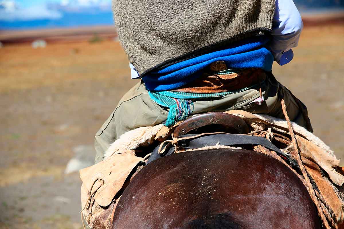 Mongolian man riding a horse.