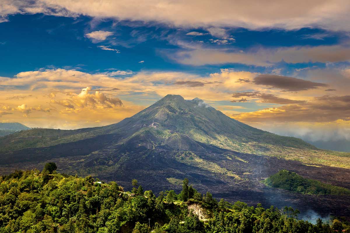 Panoramic view of volcano Batur on Bali, Indonesia in a sunny day.