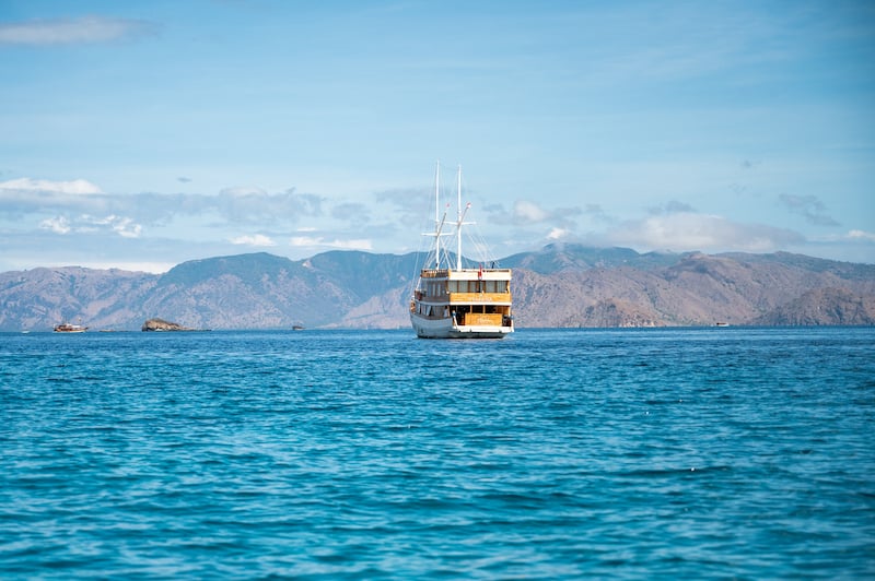 cruise ship sailing around the Komodo Islands in Indonesia