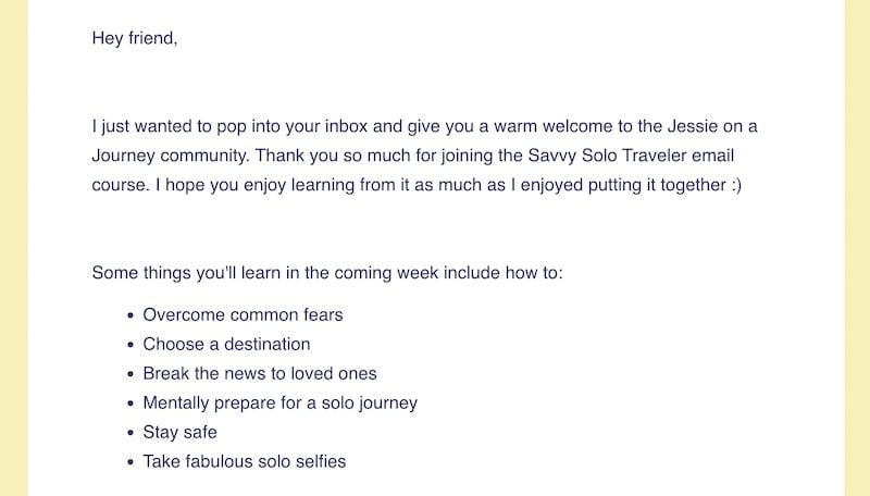 welcome email in the Savvy Solo Traveler email course