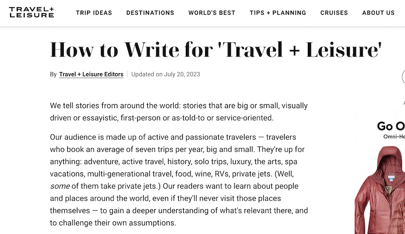 Travel + Leisure magazine's writer guidelines page