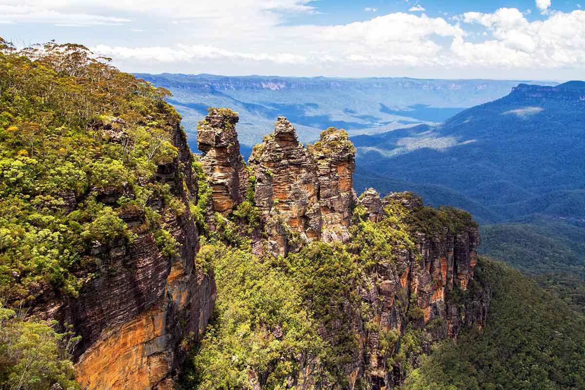 the Three Sisters rock formation and the expansive Blue Mountains National Park