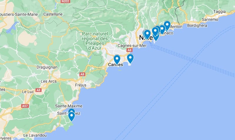French Riviera beach clubs map