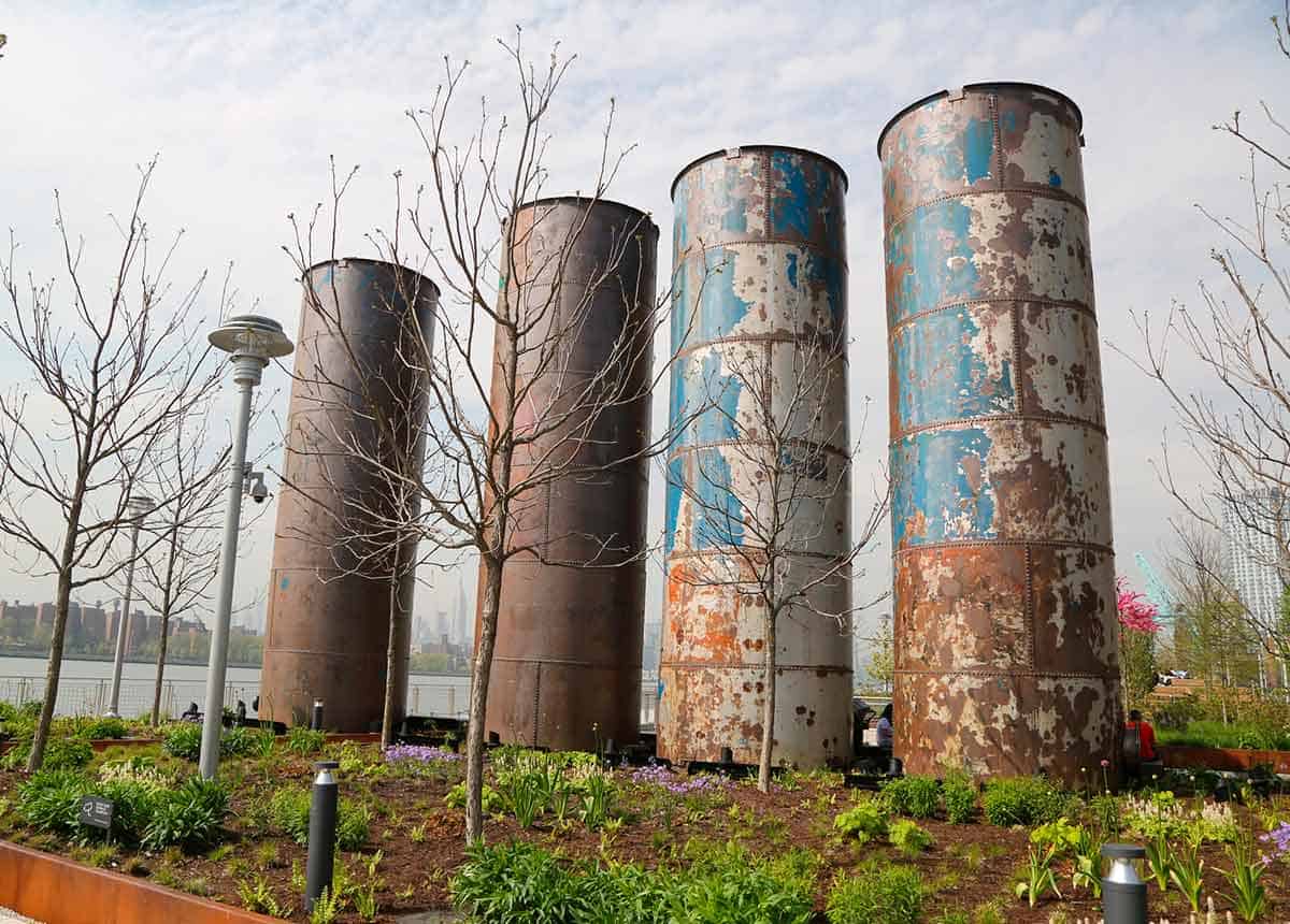 Old syrup tanks in Domino Park, a relic from the Domino Sugar Factory in Williamsburg, Brooklyn.