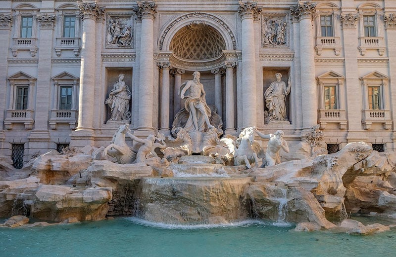 A close up photo of Trevi Fountain in Rome, Italy.