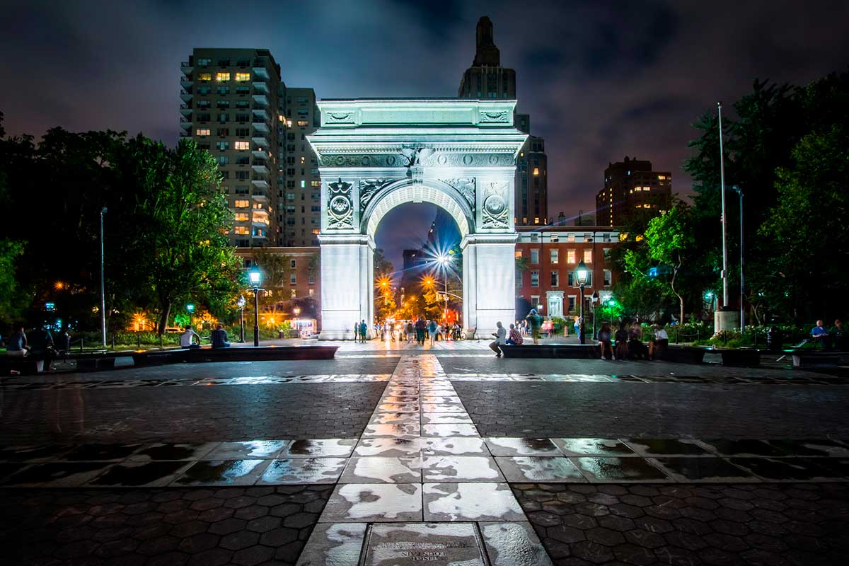 The Washington Arch at night, in Washington Square Park, Greenwich Village.