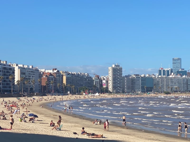 golden sand beach with Montevideo cityscape in the background