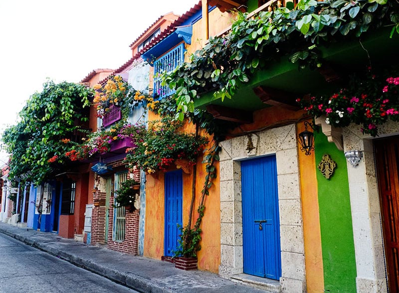 multi-colored building facades covered in dangling plants along a street in Cartagena in Colombia