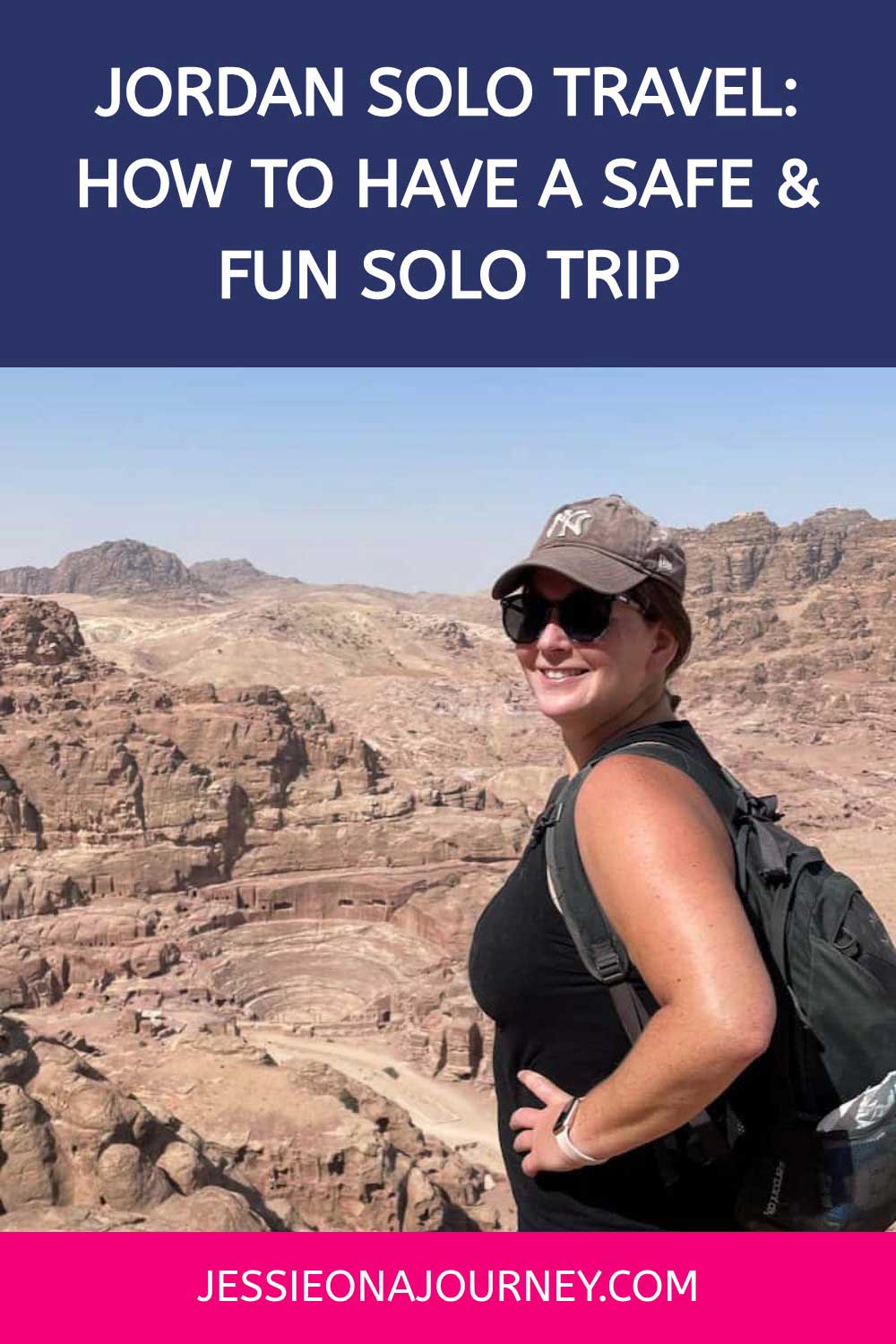Pinterest pin with the image of a woman hiking solo in Jordan.