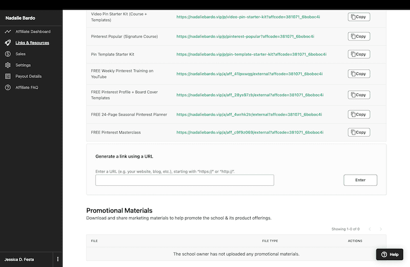 affiliate dashboard in Teachable