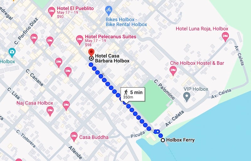 Google Map showing route from Holbox Ferry Port to Hotel Casa Bárbara Holbox