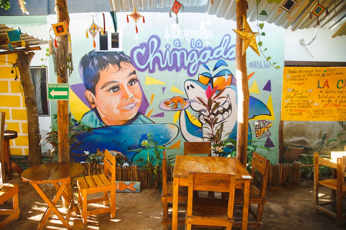 colorful mural at an outdoor restaurant on Holbox Island, Mexico