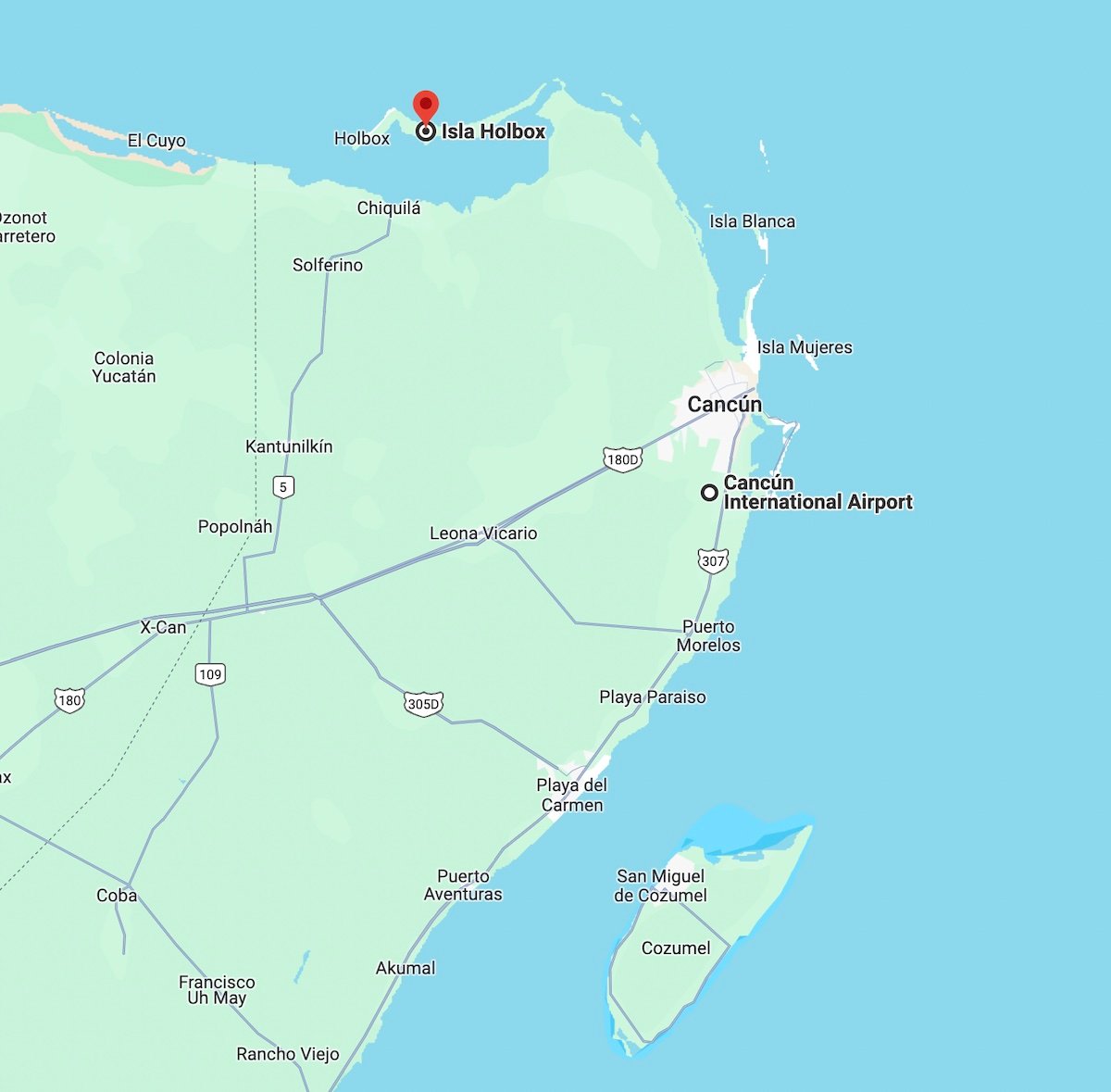 map showing where Holbox Island is compared to Cancun Airport