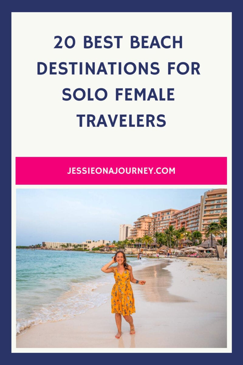 Pinterest pin that reads the best beach destinations for solo female travelers and shows a woman walking on the beach at sunset.