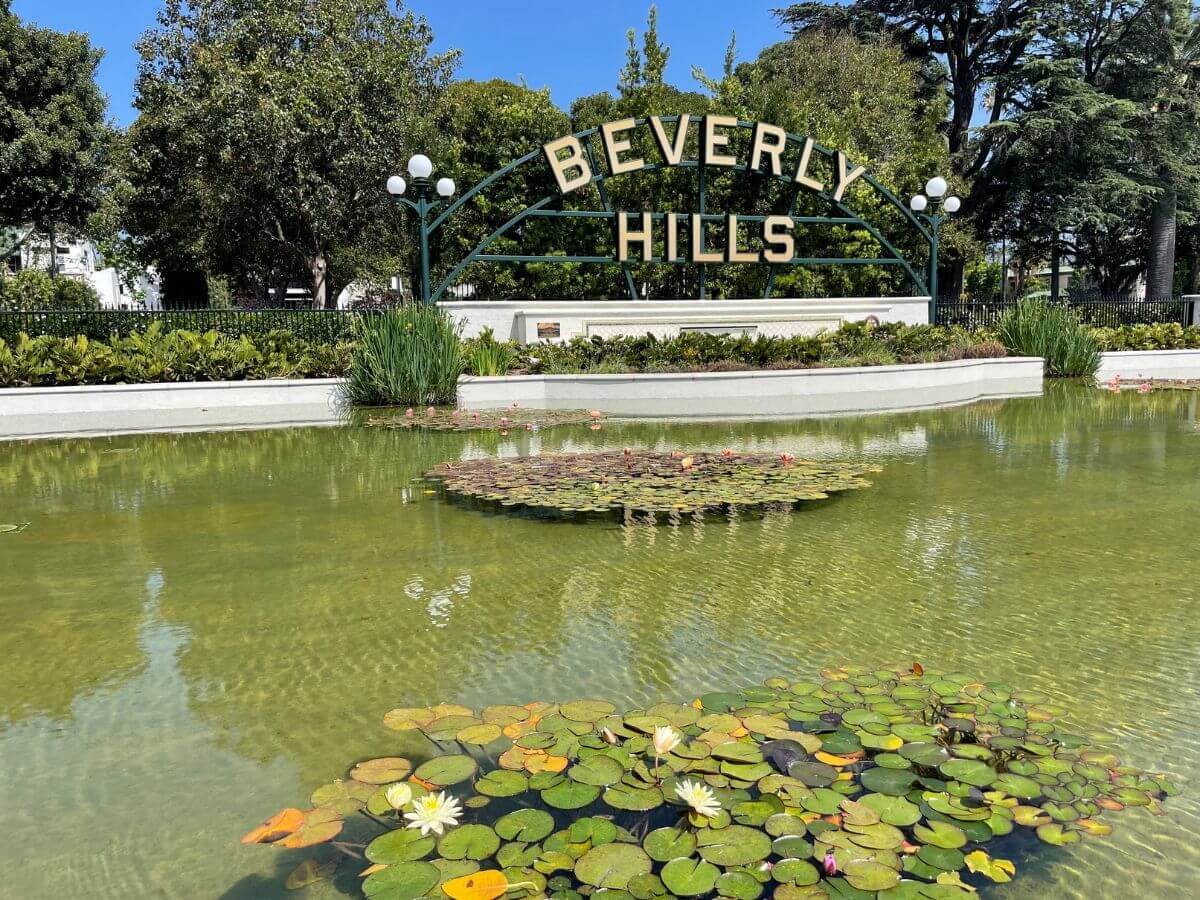 Beverly Hills Sign as seen across a clear pond covered in water lilies 