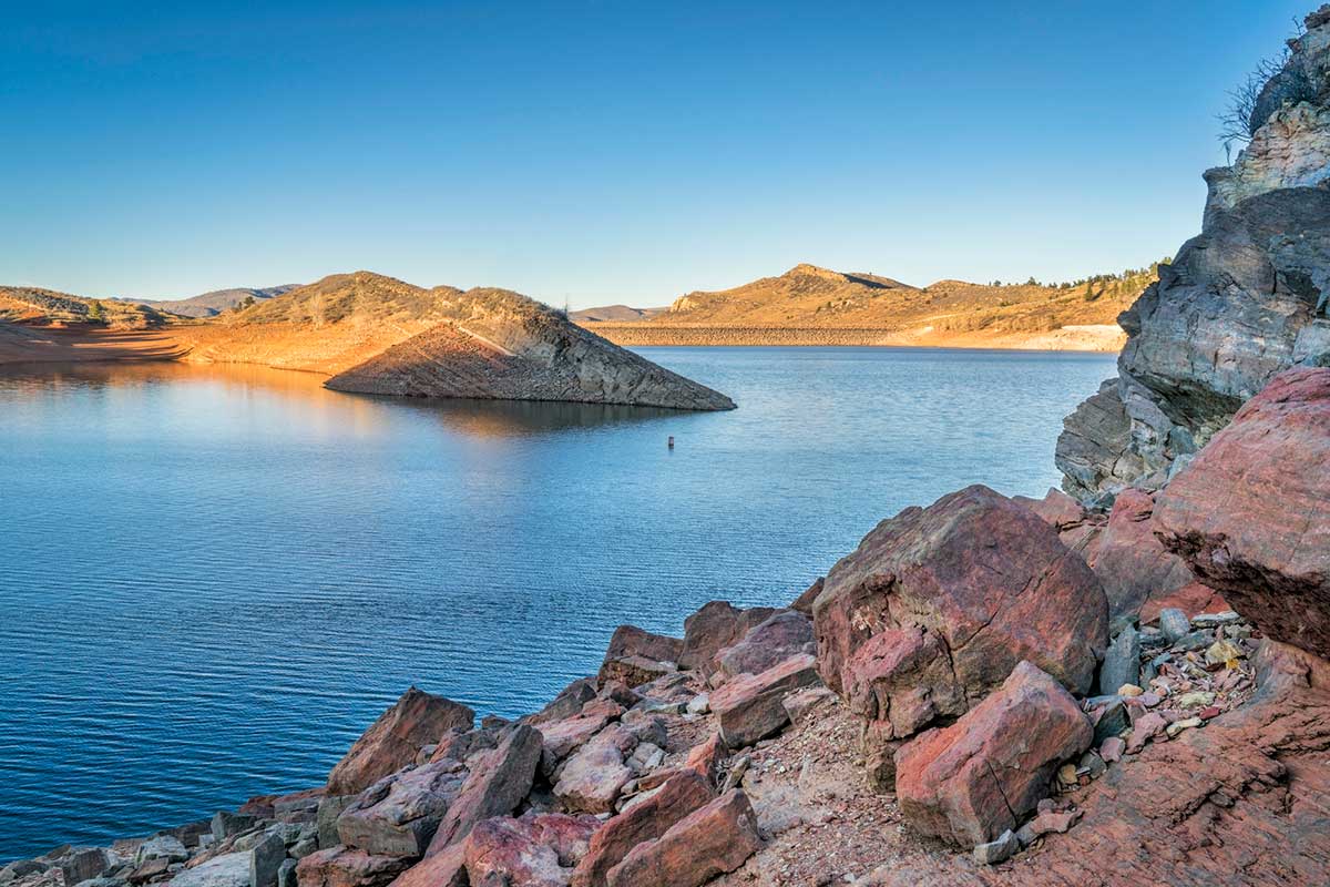 Horsetooth Reservoir with low water level.