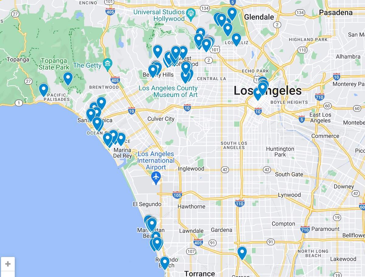 Google map of the top Los Angeles attractions