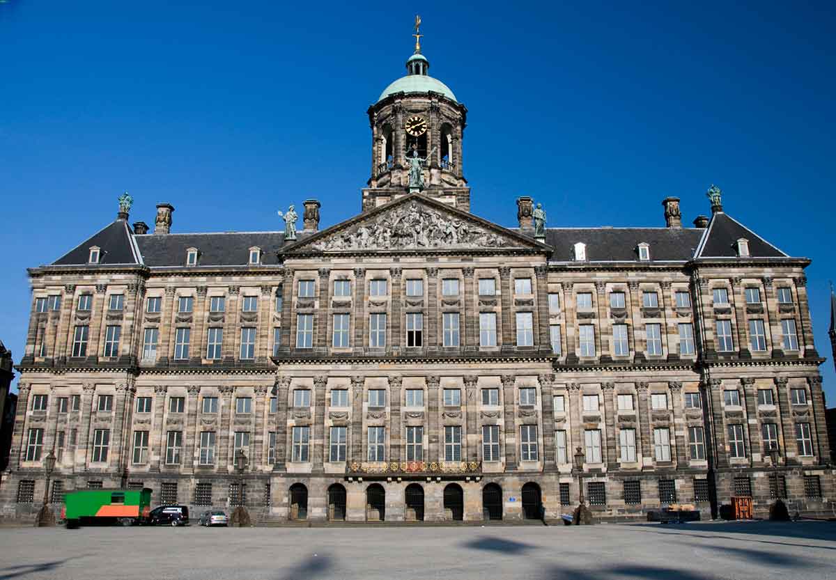 facade of the Amsterdam Royal Palace in Dam Square.