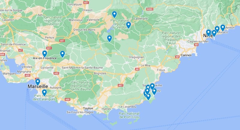 South of France road trip map