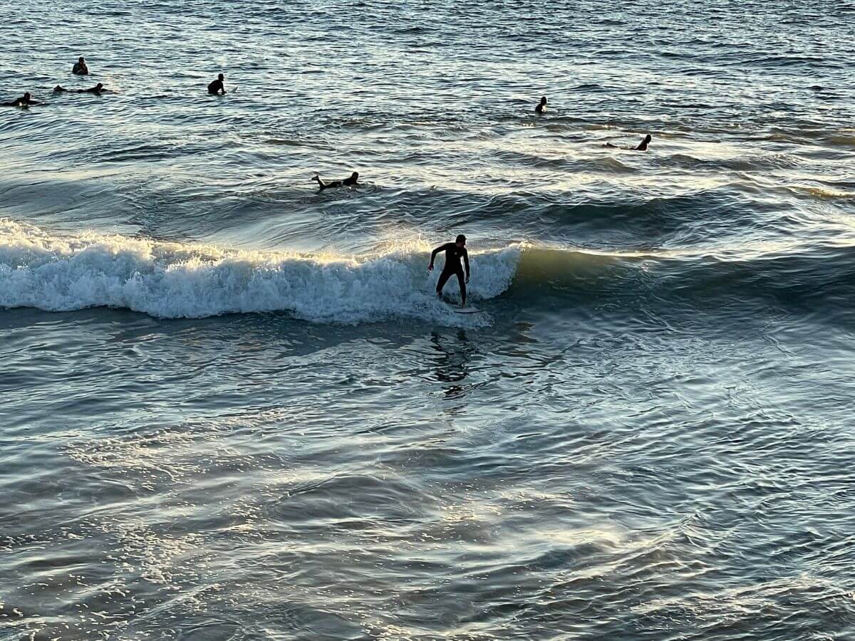 surfers catching waves at Manhattan Beach in Los Angeles, California