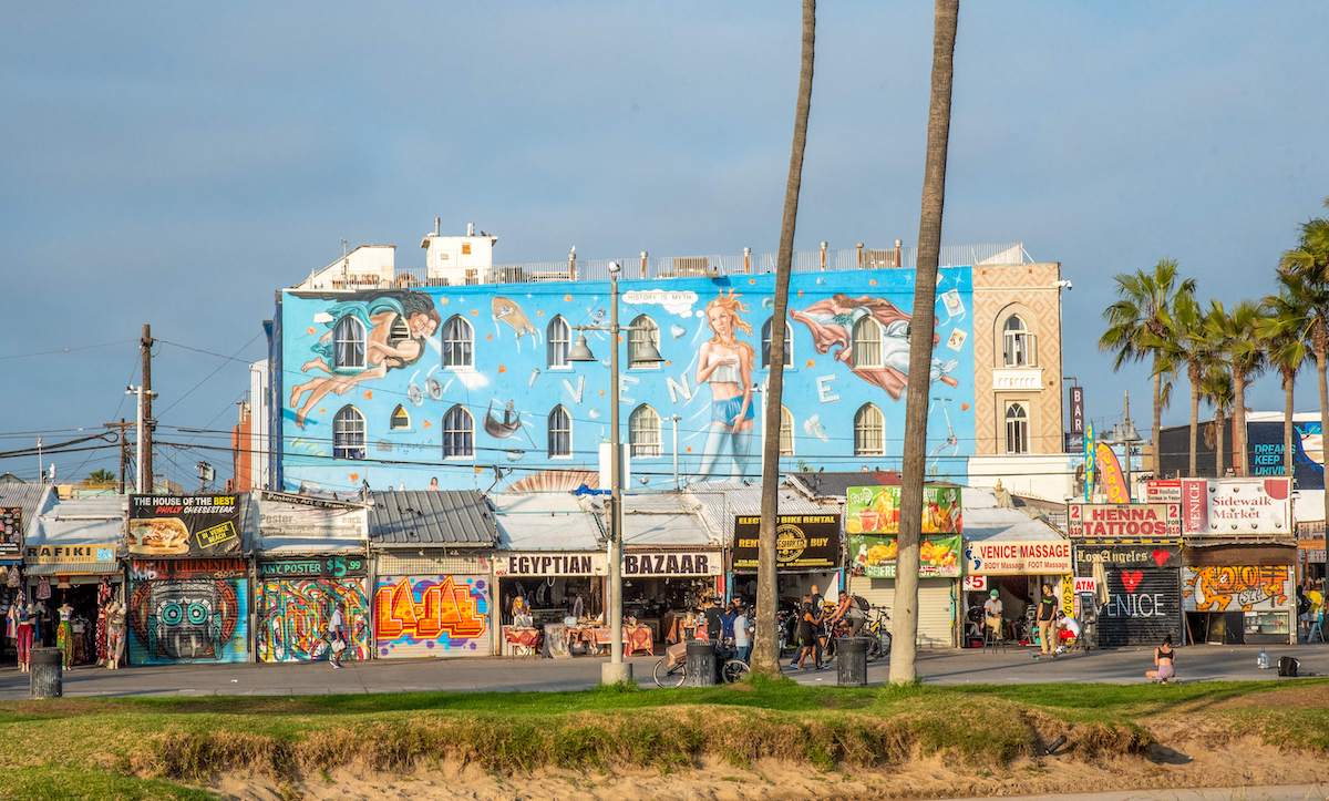 Palm trees sway gently in the foreground, framing a bustling street lined with eclectic indie shops, creative businesses, and vibrant graffiti art. This vibrant scene captures the essence of Venice, Los Angeles, California, where artistic expression meets community spirit in a dynamic urban setting.