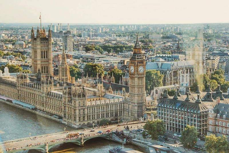 A panoramic view of the Houses of Parliament and Big Ben in London, with the River Thames and Westminster Bridge in the foreground, under a clear sky. The bustling cityscape in the background showcases a mix of modern and historic architecture, capturing the vibrant atmosphere of London.