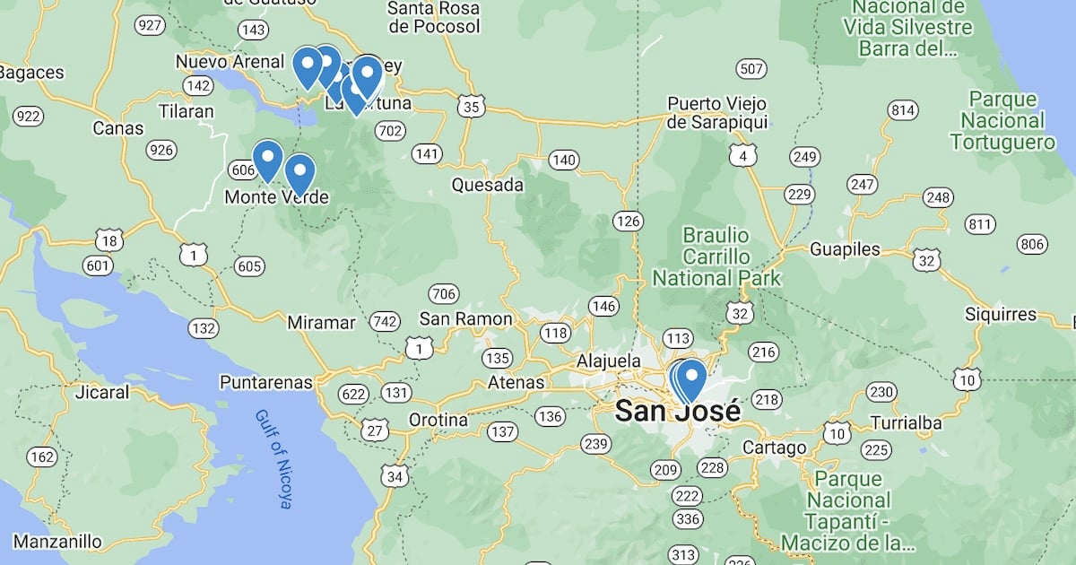 Costa Rica travel map with pre-plotted attractions