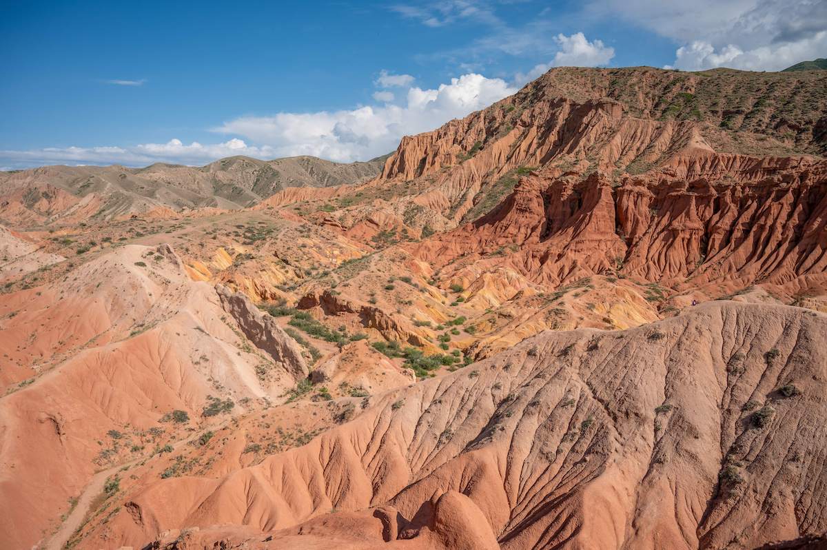 A vibrant landscape at the Colorful Hills Viewpoint in Fairytale Canyon, Kyrgyzstan, showcasing a variety of red, orange, and yellow hues in the eroded sandstone hills and cliffs under a clear blue sky. The intricate patterns and layers of the rock formations create a stunning visual display, highlighting the natural beauty and geological diversity of the area.