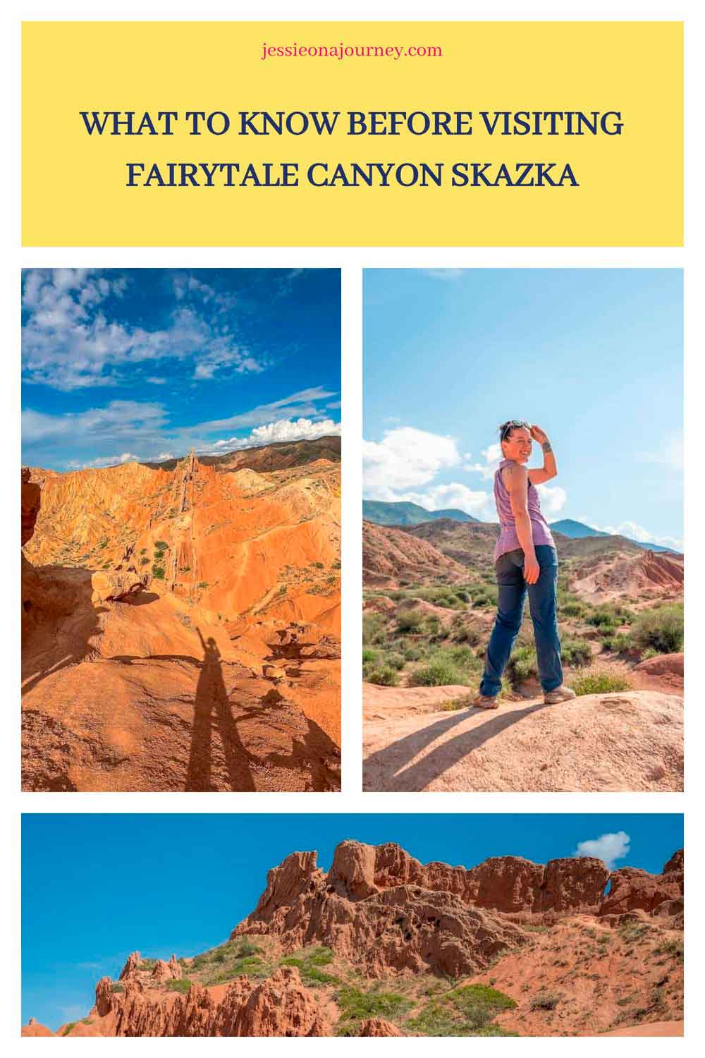 Pinterest-style graphic titled "What to know before visiting fairytale Canyon Skazka" from Jessie on a Journey. The collage features three images showing different parts of Canyon Skazka.