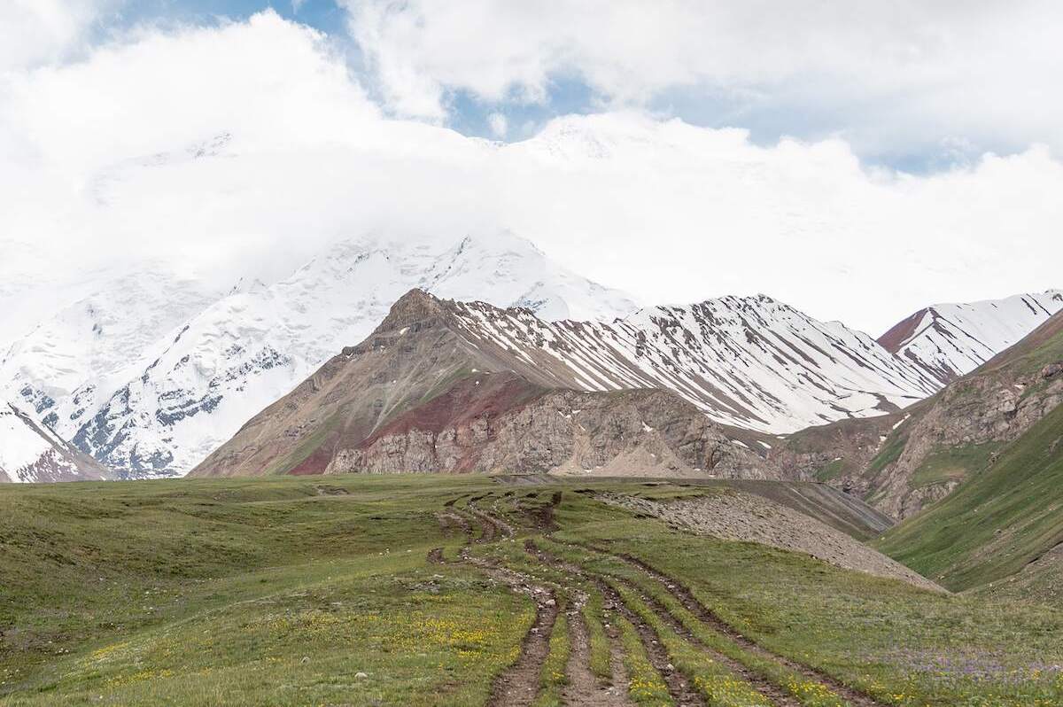 A scenic view of Lenin Peak with snow-covered slopes and rugged mountains, partially shrouded in clouds, with a green grassy foreground featuring dirt tracks winding through the landscape.