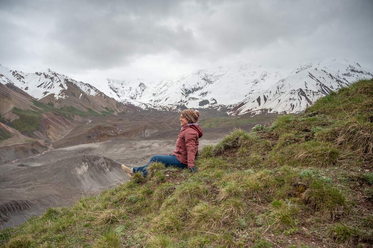 A traveler sits on a grassy hillside at Traveler's Pass, overlooking a dramatic landscape of snow-capped mountains and rugged terrain under a cloudy sky.
