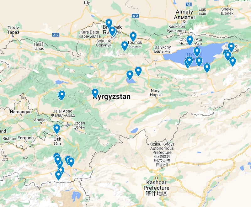travel map of Kyrgyzstan with attractions pre-plotted