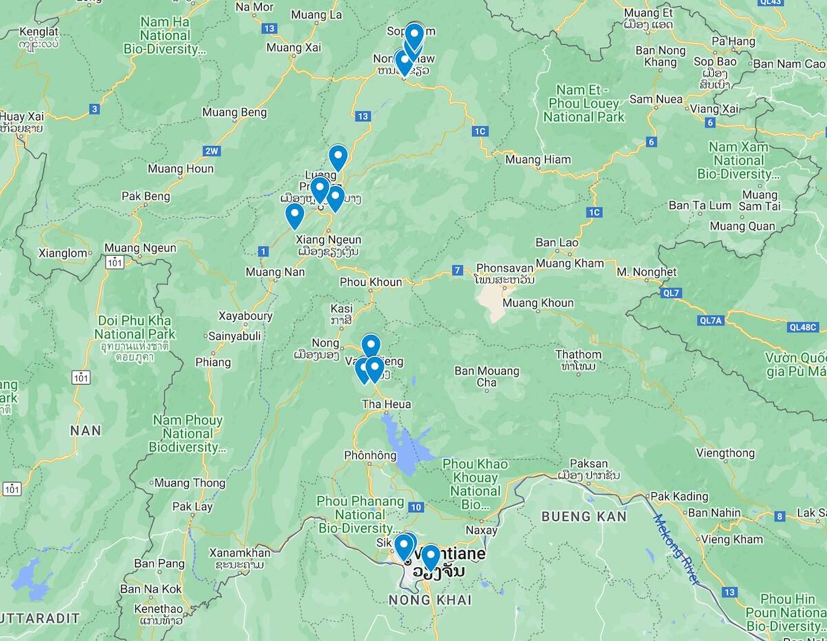 Laos solo travel map with attractions pre-plotted