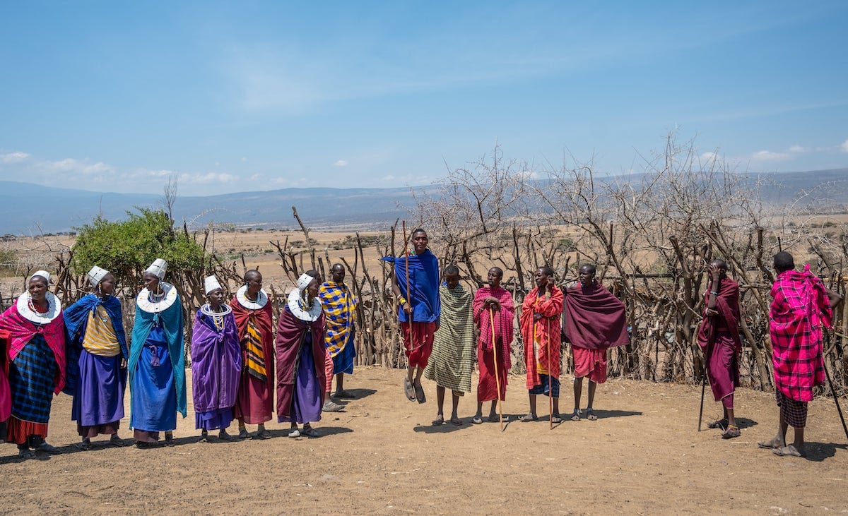 Maasai villagers in Ngorongoro Conservation Area in Tanzania doing a jumping dance to show their strength