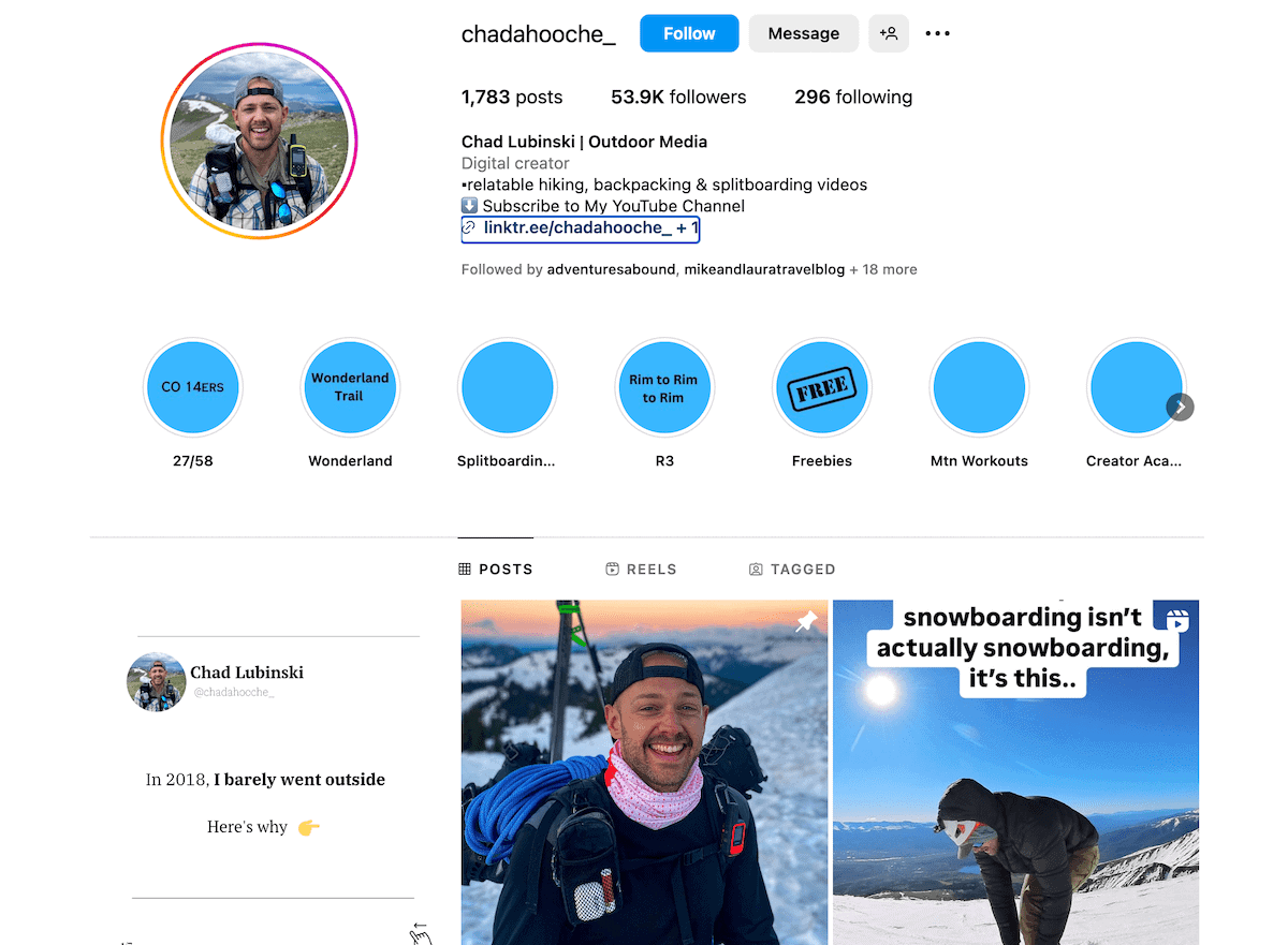 travel creator Chad Lubinski sharing UGC content on Instagram