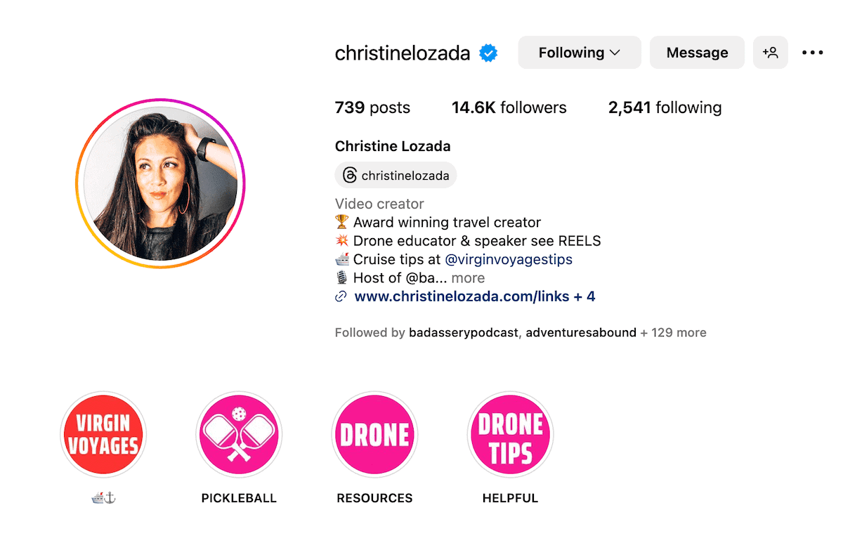 @ChristineLozada's Instagram bio with Instagram Stories running