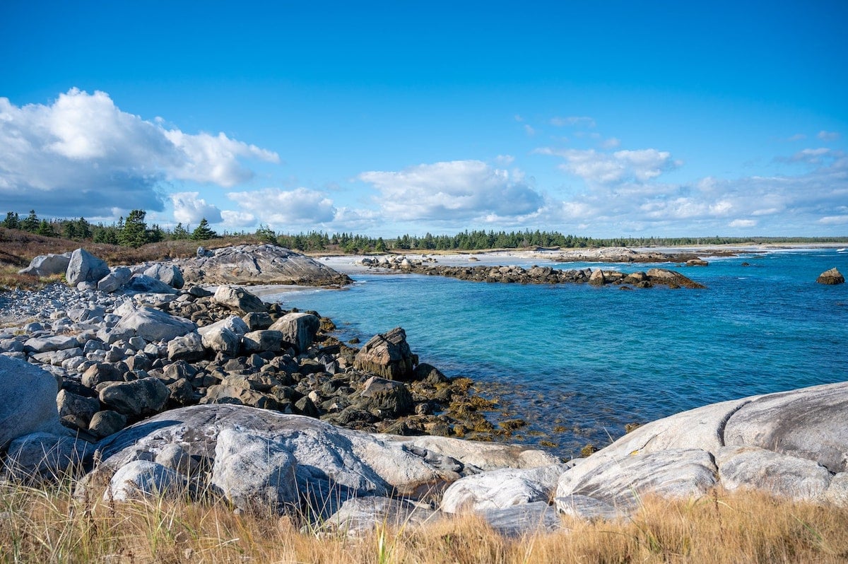 Scenic view of the rocky shoreline and clear blue waters at Kejimkujik National Park Seaside, with large boulders, grassy dunes, and a distant pine tree forest under a bright blue sky with scattered clouds.