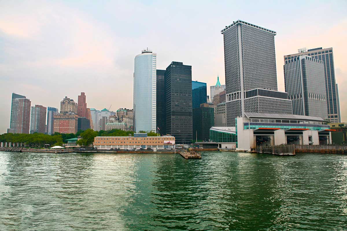 The Staten Island terminal as seen from New York Harbor on a cloudy day.