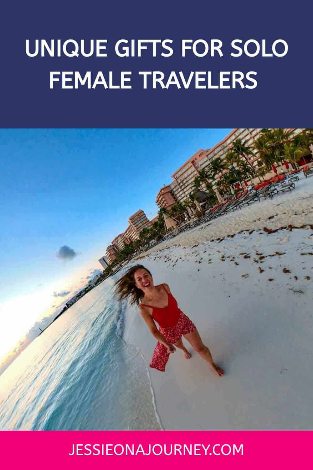 Pinterest pin that shows a woman using a 360 camera on a beach at sunset.