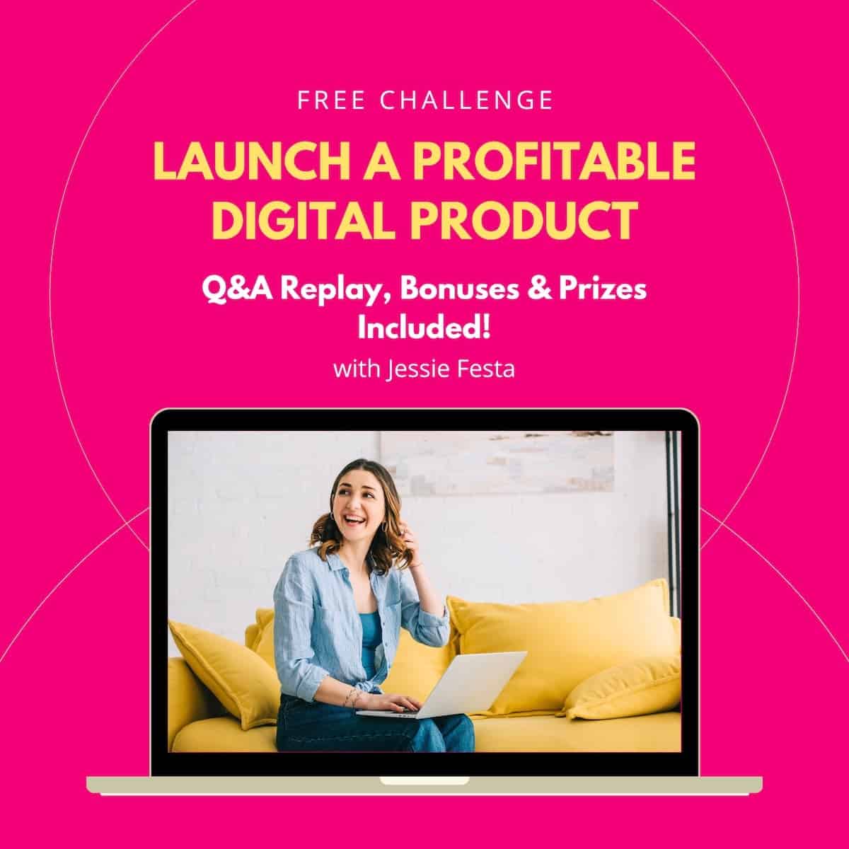 female travel blogger sitting on a yellow couch and smiling while doing an online blogging course