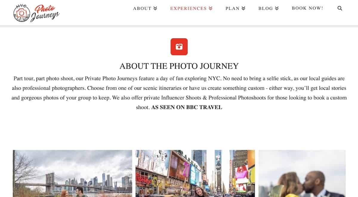 NYC Photo Journeys homepage, which was able to generate sales immediately even with no audience