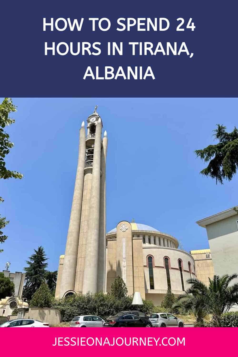 pinterest pin that shows a historical building in tirana
