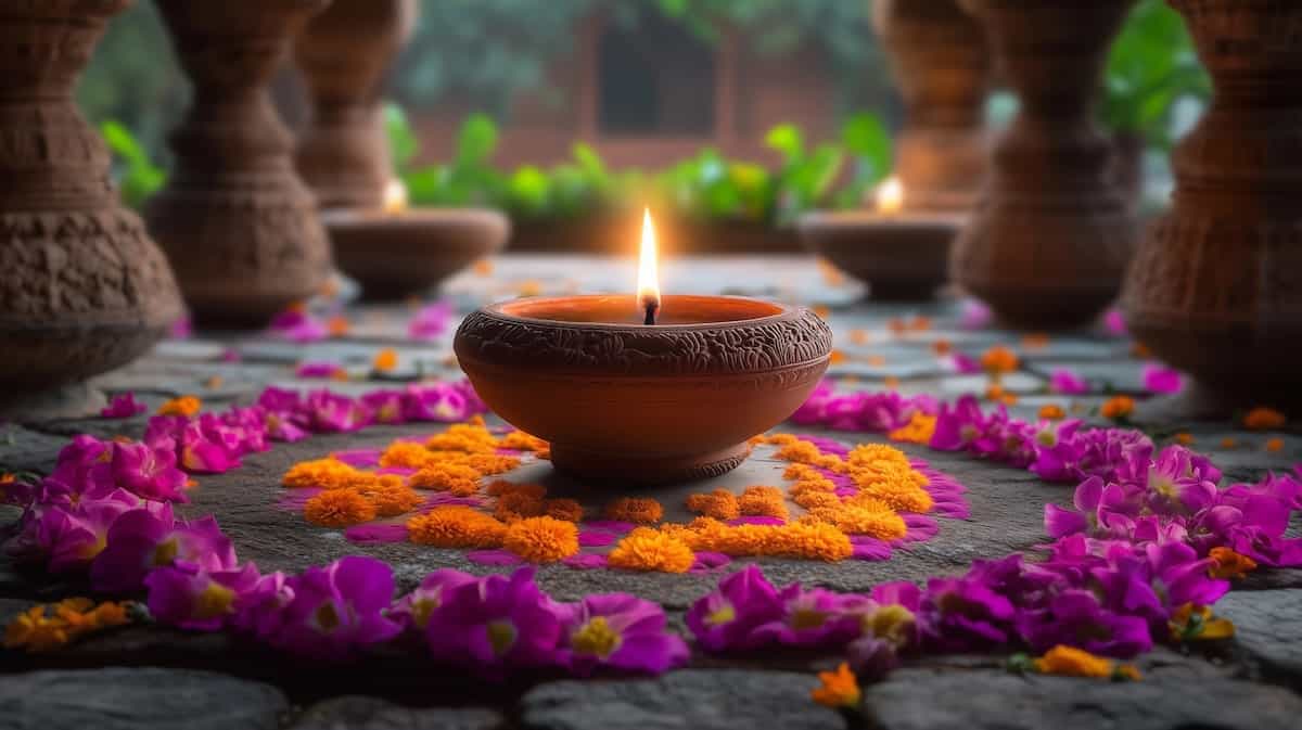 Decorative clay diya lamp surrounded by a vibrant rangoli of marigold and purple petals, glowing warmly during a Diwali celebration in India.