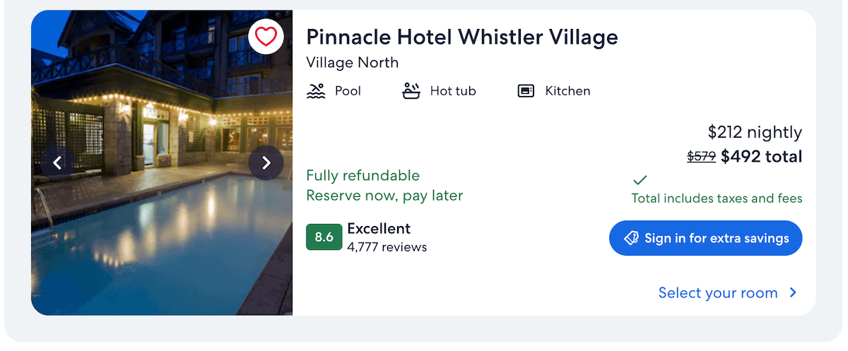 researching rates at the Pinnacle Hotel Whistler Village on Expedia