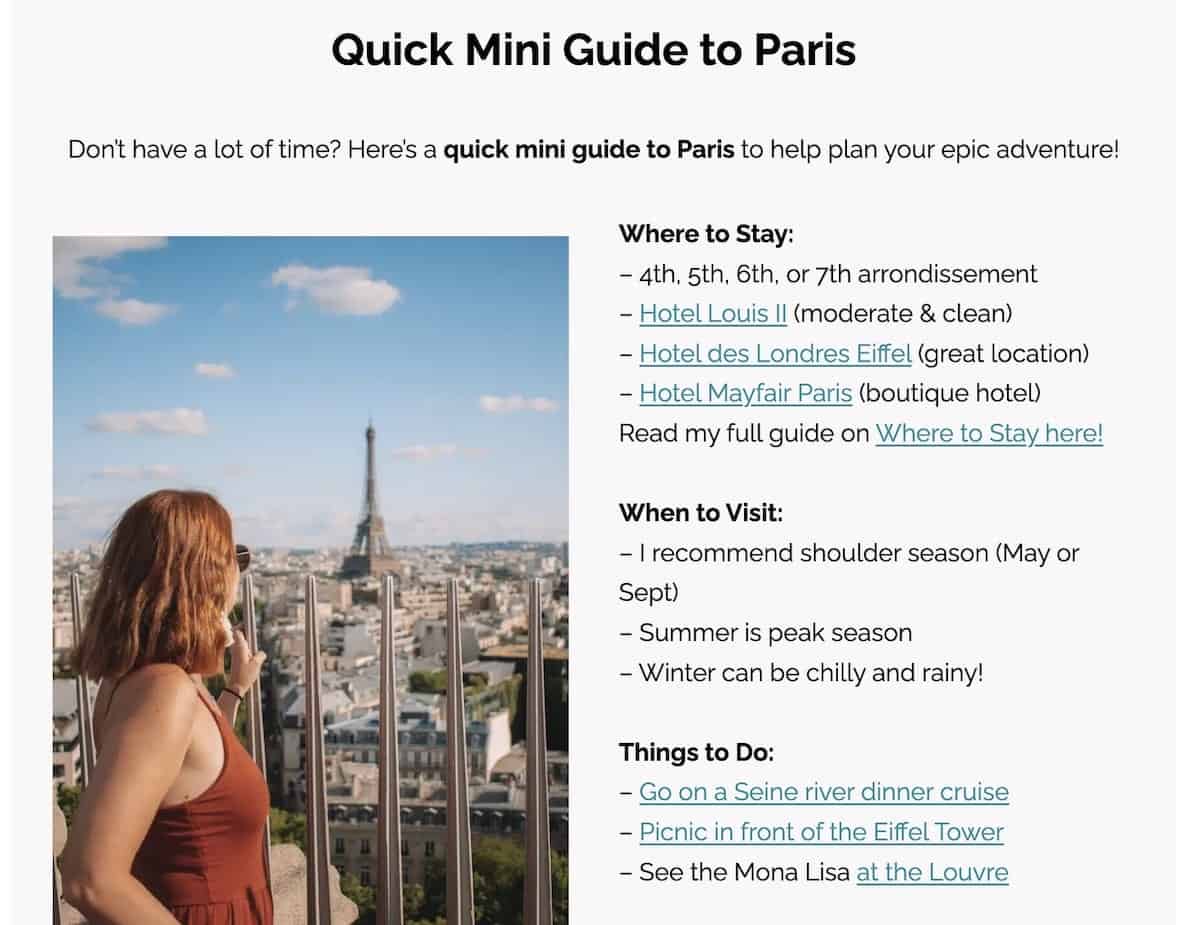 example of how a travel blogger makes her affiliate links stand out with a top picks box