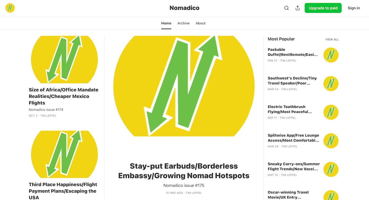 the homepage of the Nomadico Substack newsletter